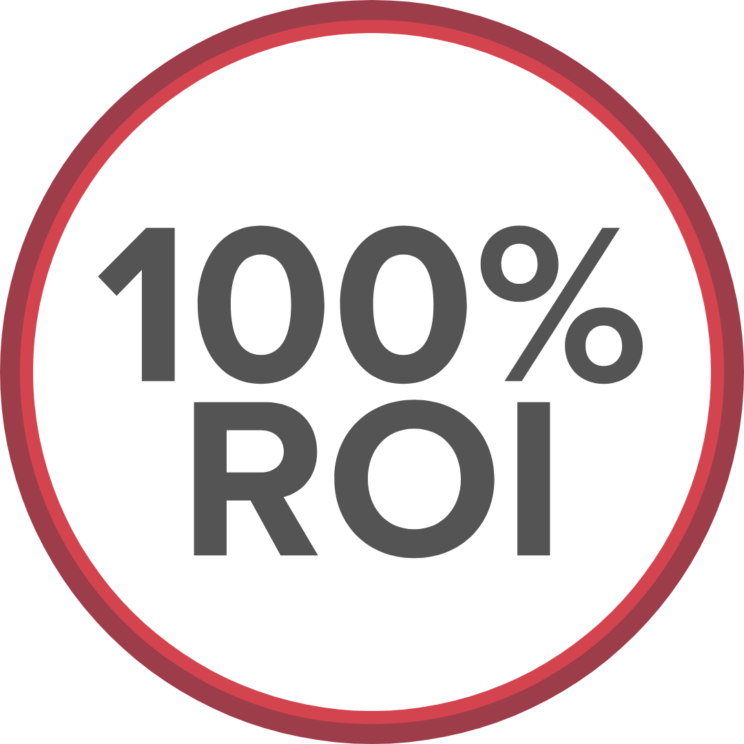 A logo that says 100 % roi in a red circle
