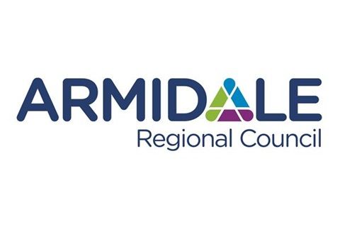 The armidale regional council logo is a blue , purple , and green logo on a white background.