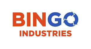 The logo for bingo industries is blue and red on a white background.