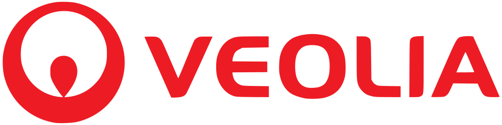 A red and white logo for veolia on a white background