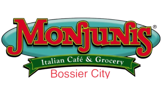 Monjunis Italian Cafe & Grocery logo, Bossier City. Red text over blue oval, green banner.
