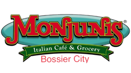 Monjunis Italian Cafe & Grocery logo, Bossier City. Red text over blue oval, green banner.