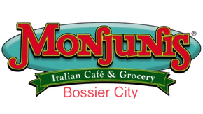 Monjunis Italian Cafe & Grocery logo, Bossier City. Red text over blue oval, green banner.