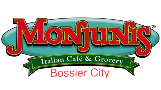 Monjunis Italian Cafe & Grocery logo, Bossier City. Red text over blue oval, green banner.