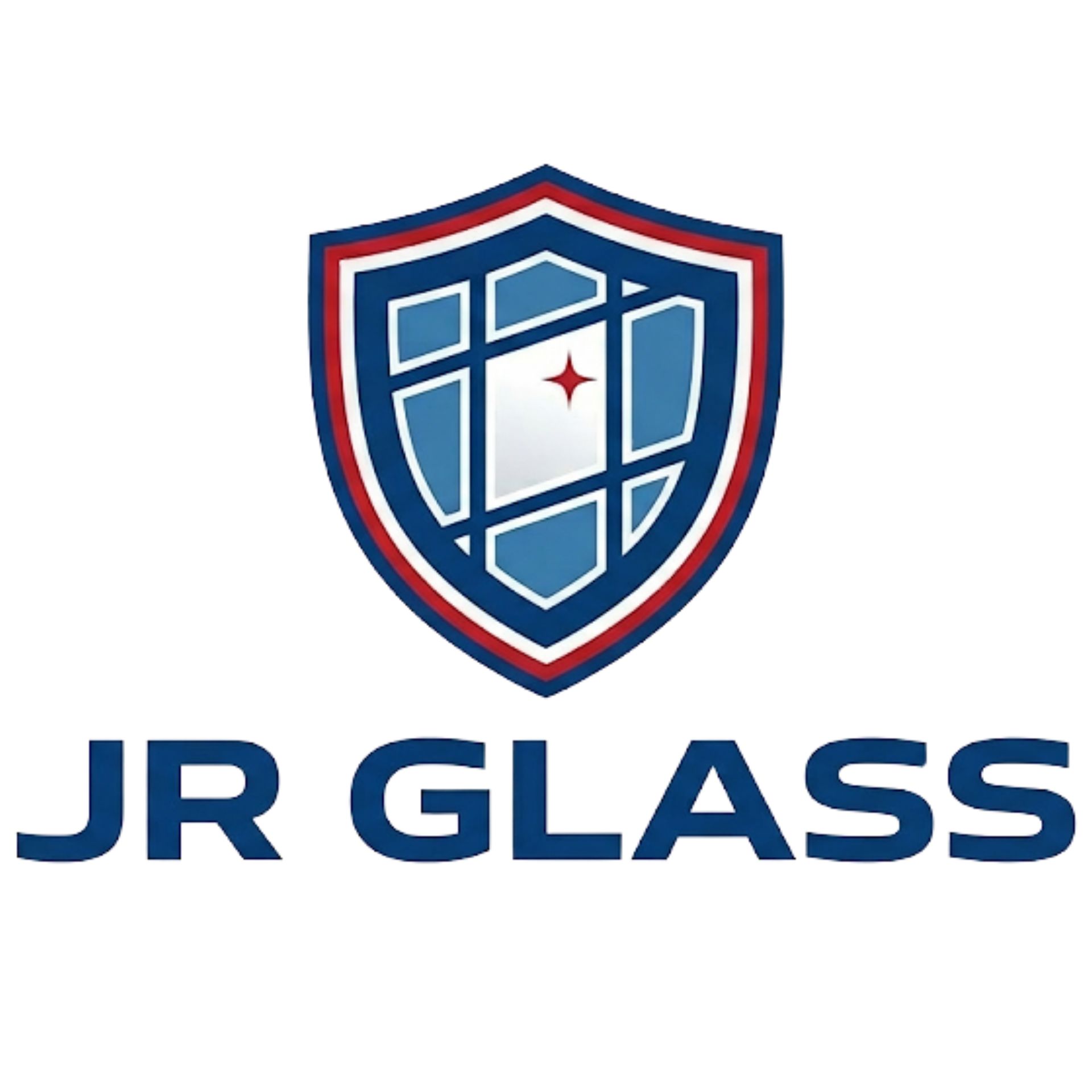 Logo for JR Glass featuring a blue and red shield icon with a window pane design and a small star, over the text