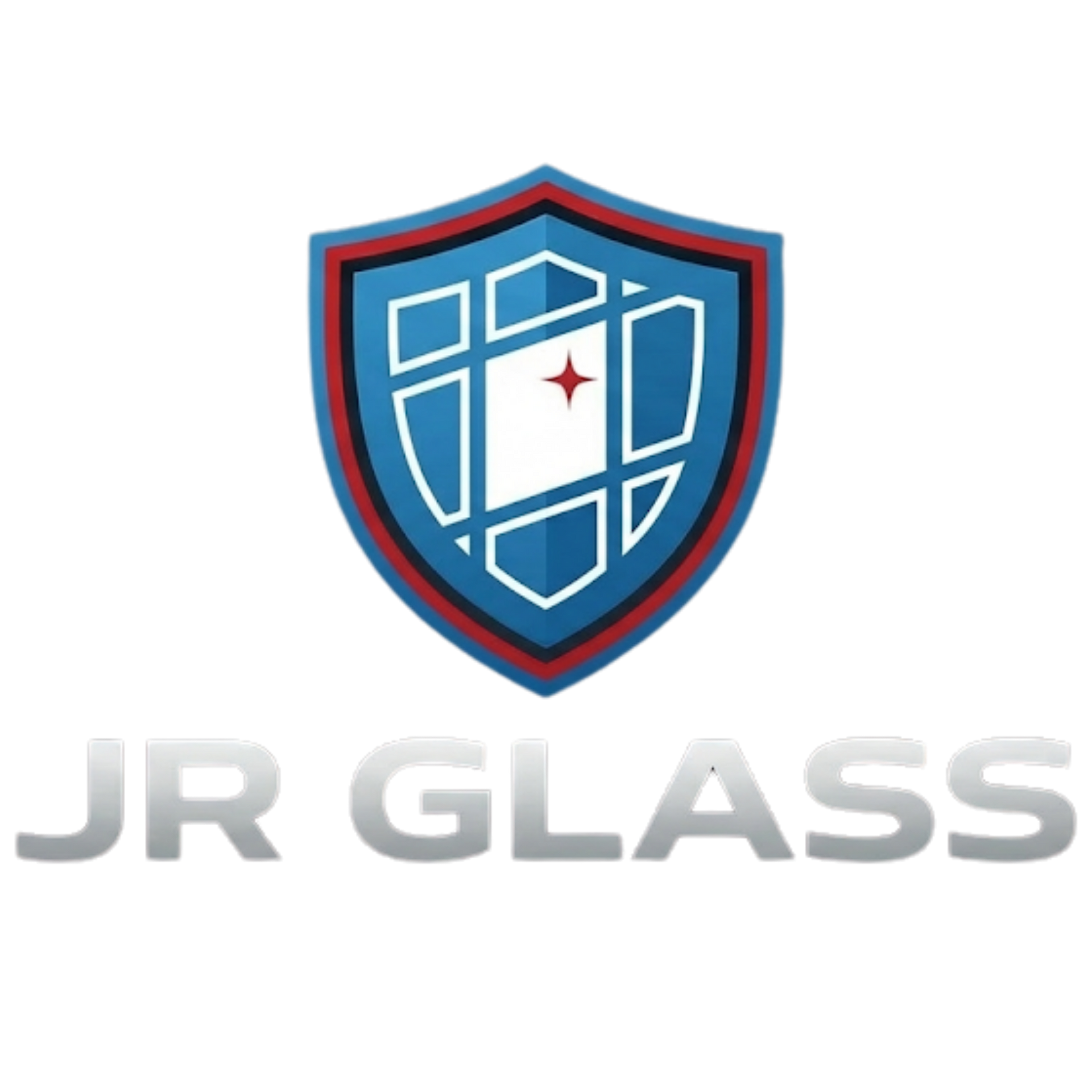 Logo for JR Glass featuring a blue shield icon with a grid pattern and a small red star, above the words