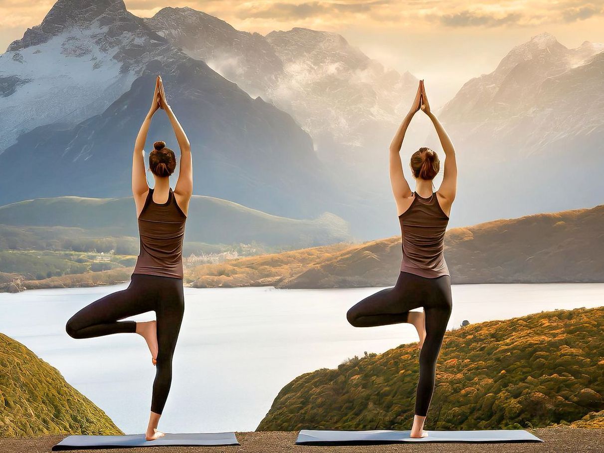 Two women are practicing yoga in front of a lake and mountains.