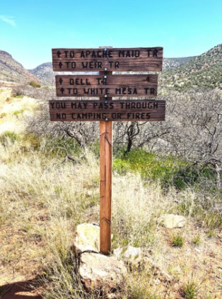 A wooden sign in the middle of a field says that you may pass through no camping or fires.
