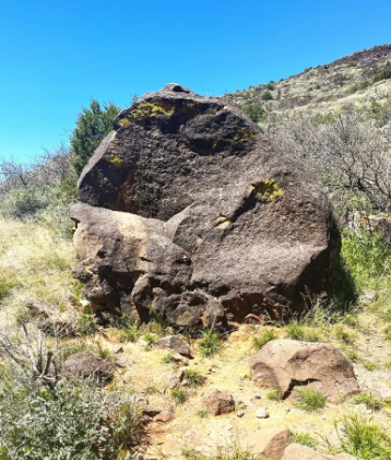A large rock in the middle of a field