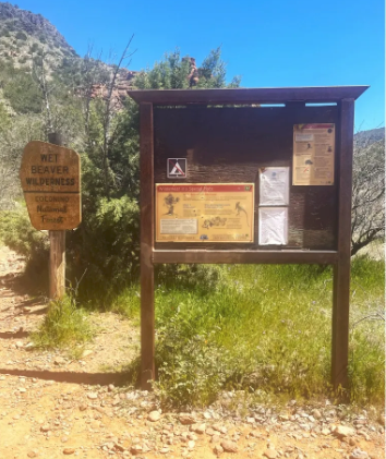 A bulletin board is sitting on the side of a dirt road.