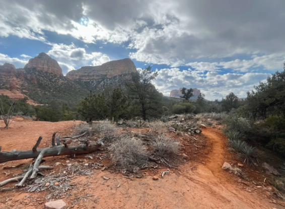 A dirt road in the desert with mountains in the background