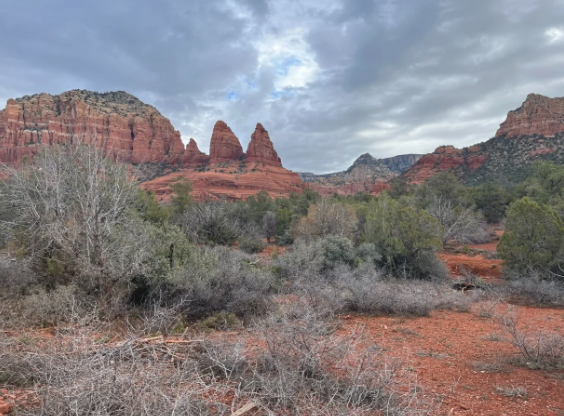 A desert landscape with mountains in the background and a cloudy sky