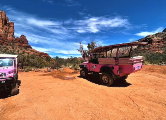 Two pink jeep 's are parked next to each other on a dirt road.