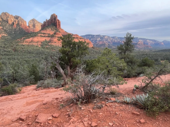 A dirt road in the middle of a desert with mountains in the background.
