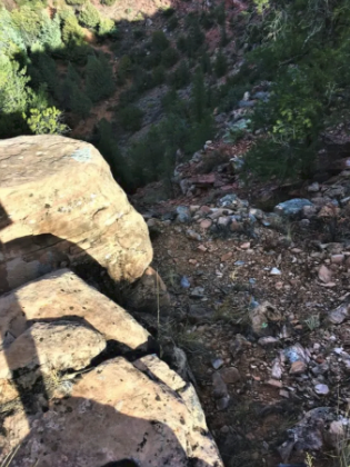 A large rock is sitting on top of a rocky hillside surrounded by trees.