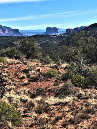 A desert landscape with mountains in the background and a blue sky