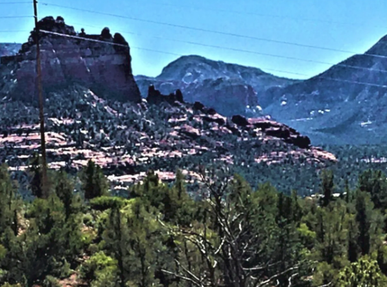 A mountain range with trees and power lines in the foreground