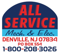 Logo for All Service: blue arch with red text "ALL SERVICE" and "Mech. & Elec." Below, address and phone number.