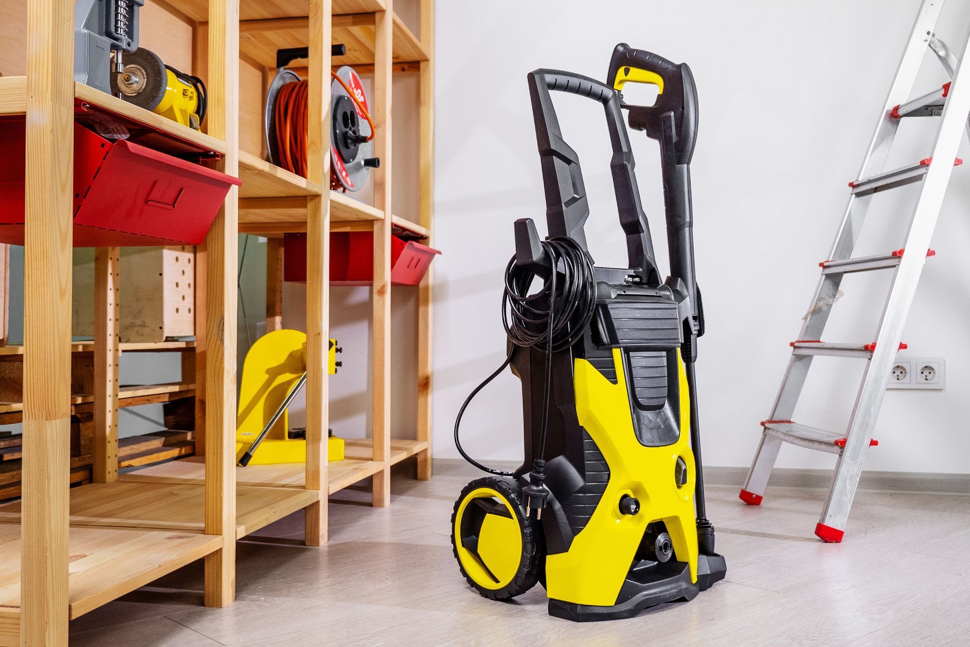 Yellow and black pressure washer and aluminum ladder near wooden shelving.