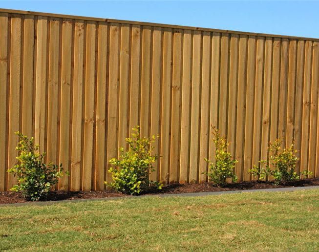 Tan wooden fence with small shrubs and green grass in front