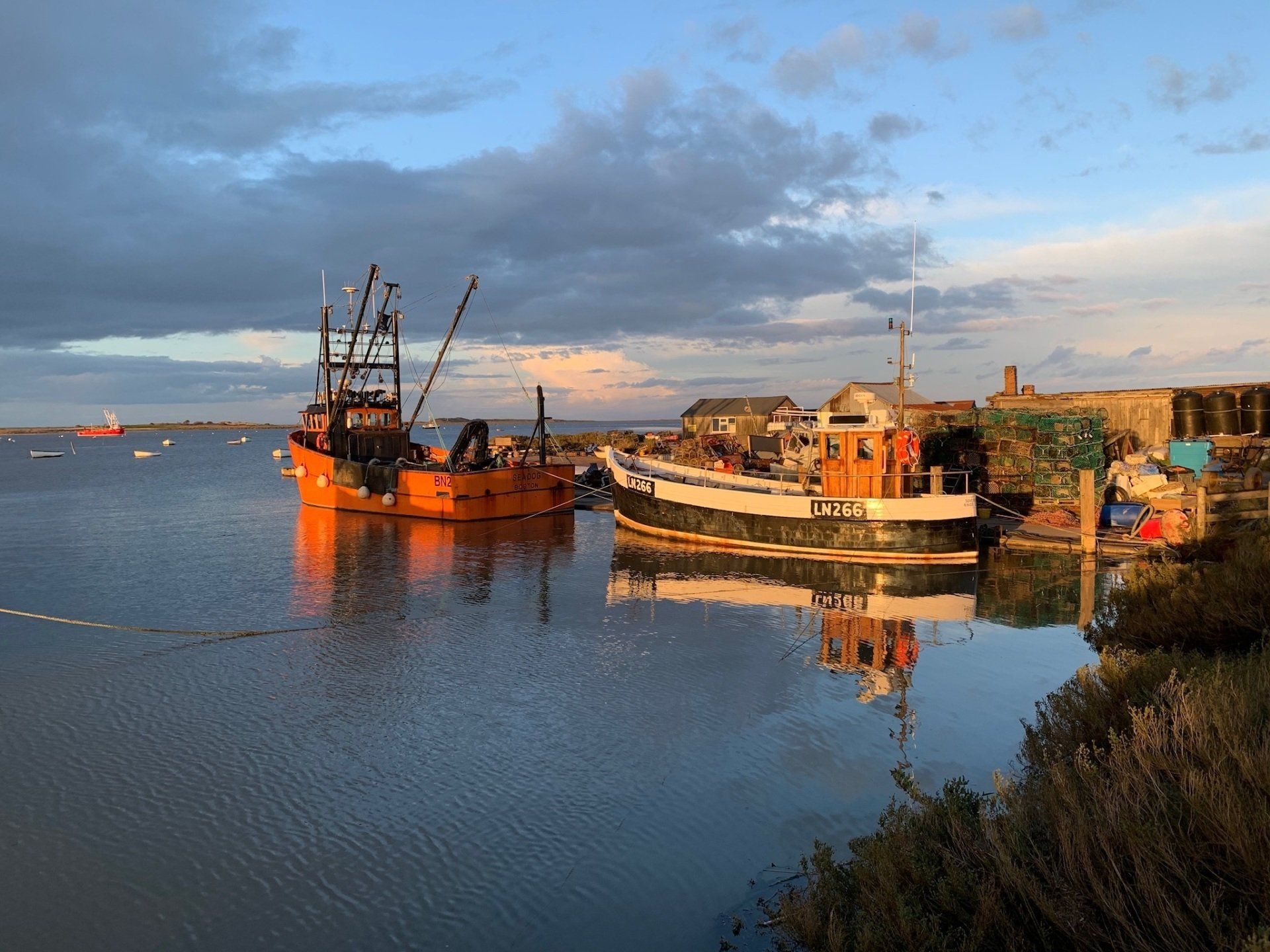 View of fishing boats at Brancaster Staithe