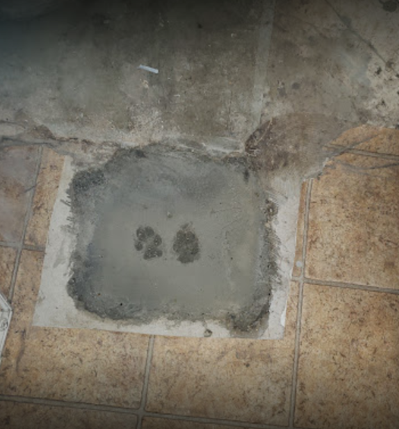 A piece of concrete is sitting on top of a tiled floor.