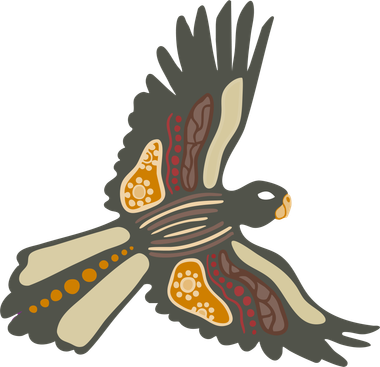 Flying bird in Aboriginal style art with tan, orange, brown, and grey details.