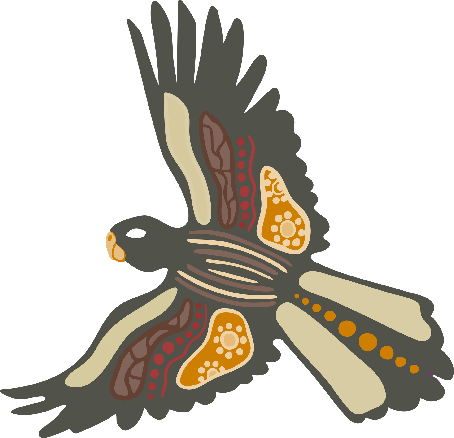 Stylized bird in flight with Aboriginal art patterns; dark gray, tan, and rust colors.