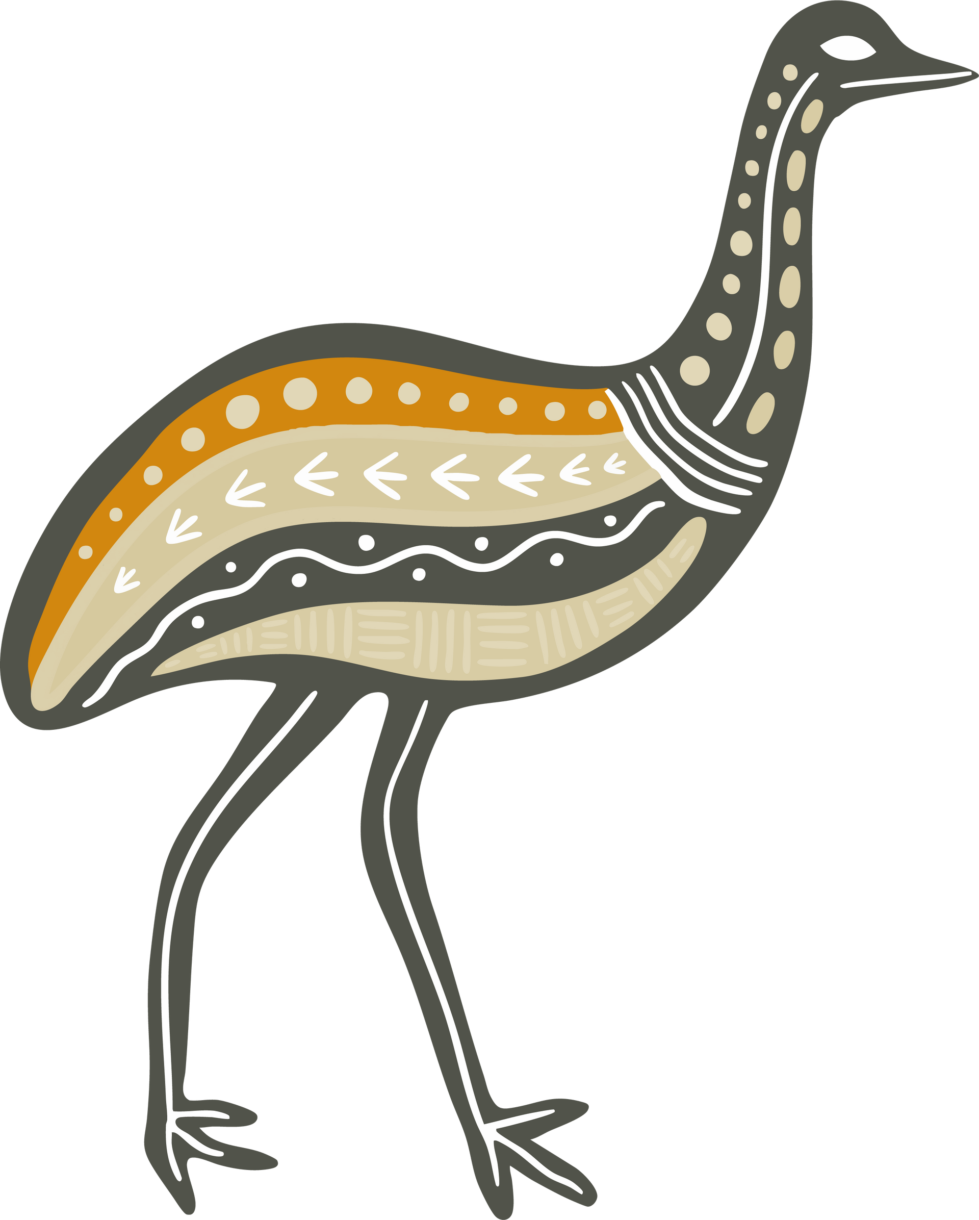 Stylized bird in tan, orange, and gray with intricate patterns.