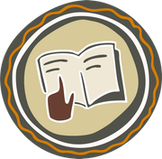 Book with index finger pointing to a page inside a circular emblem with earthy tones.