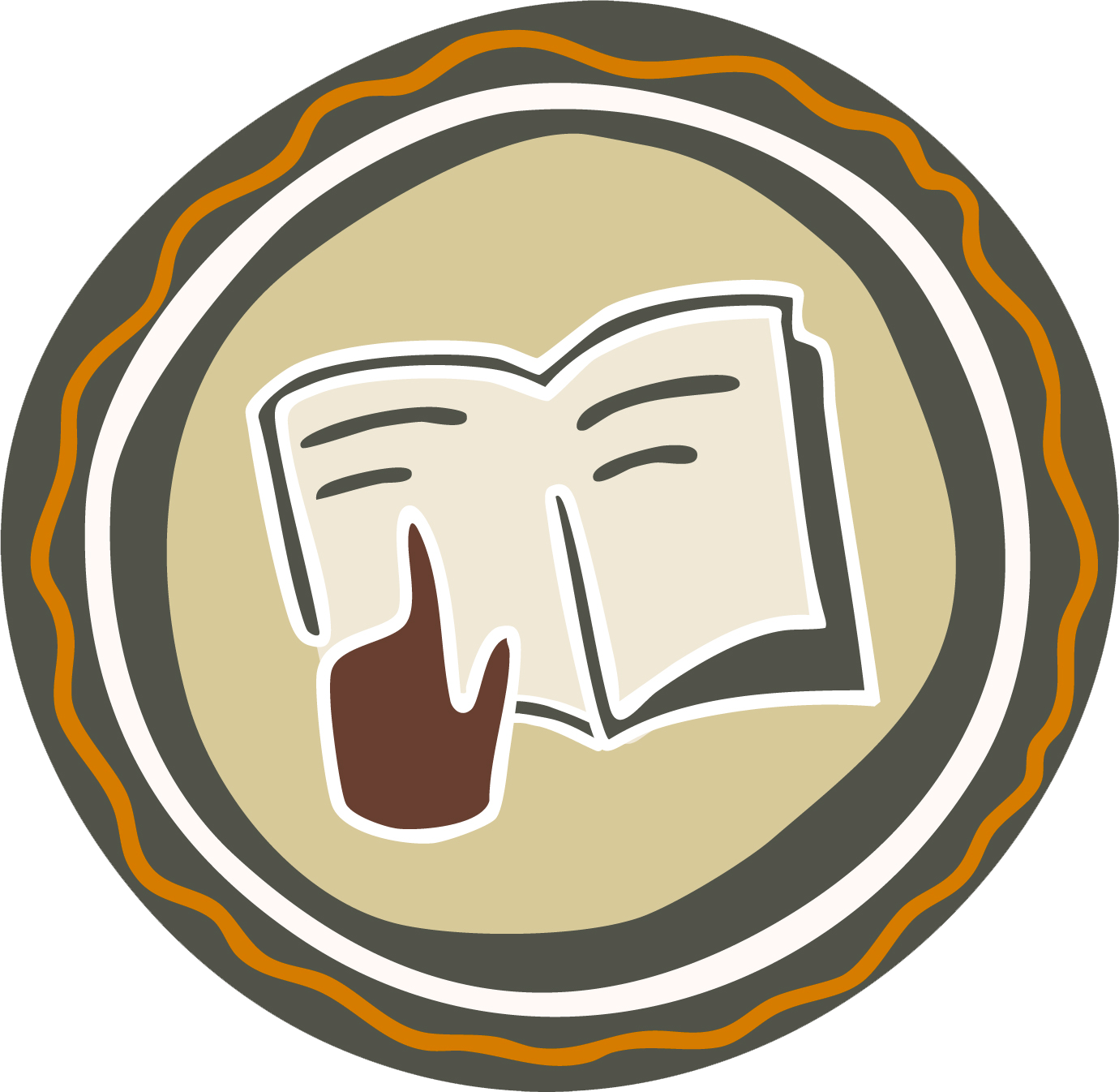 Book with index finger pointing to a page inside a circular emblem with earthy tones.