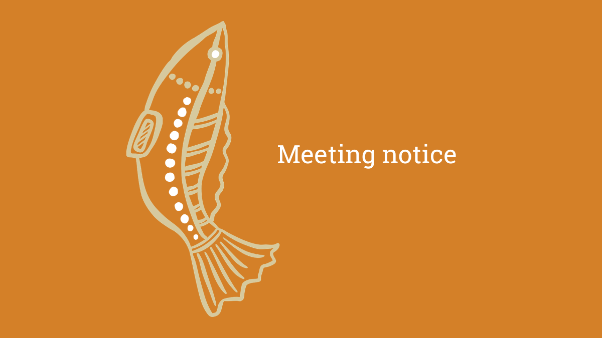 Orange background with a stylized fish graphic, meeting notice text.
