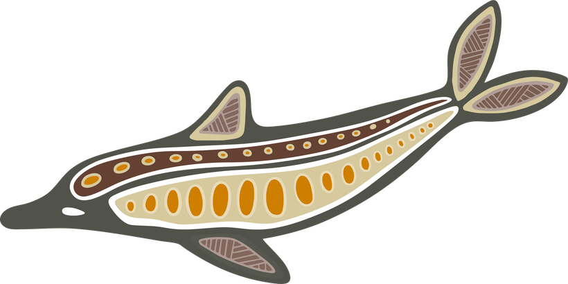 Stylized dolphin in shades of gray, brown, and tan, with an Aboriginal art style, swimming to the right.