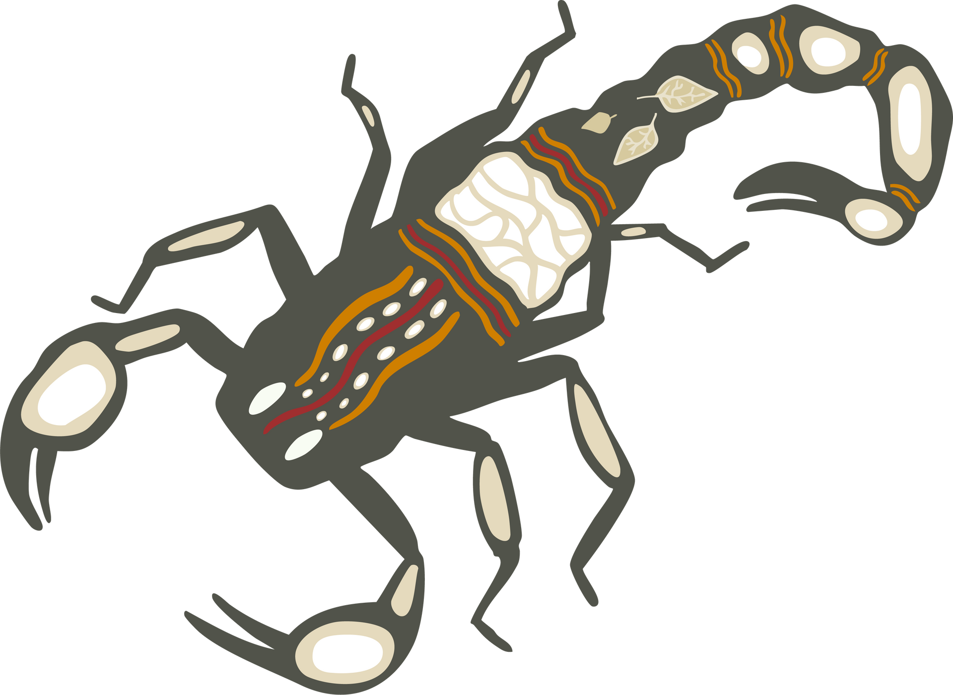 Stylized dark scorpion with cream and brown accents.