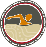Swimmer in stylized orange silhouette, swimming in water, within a round decorative border.