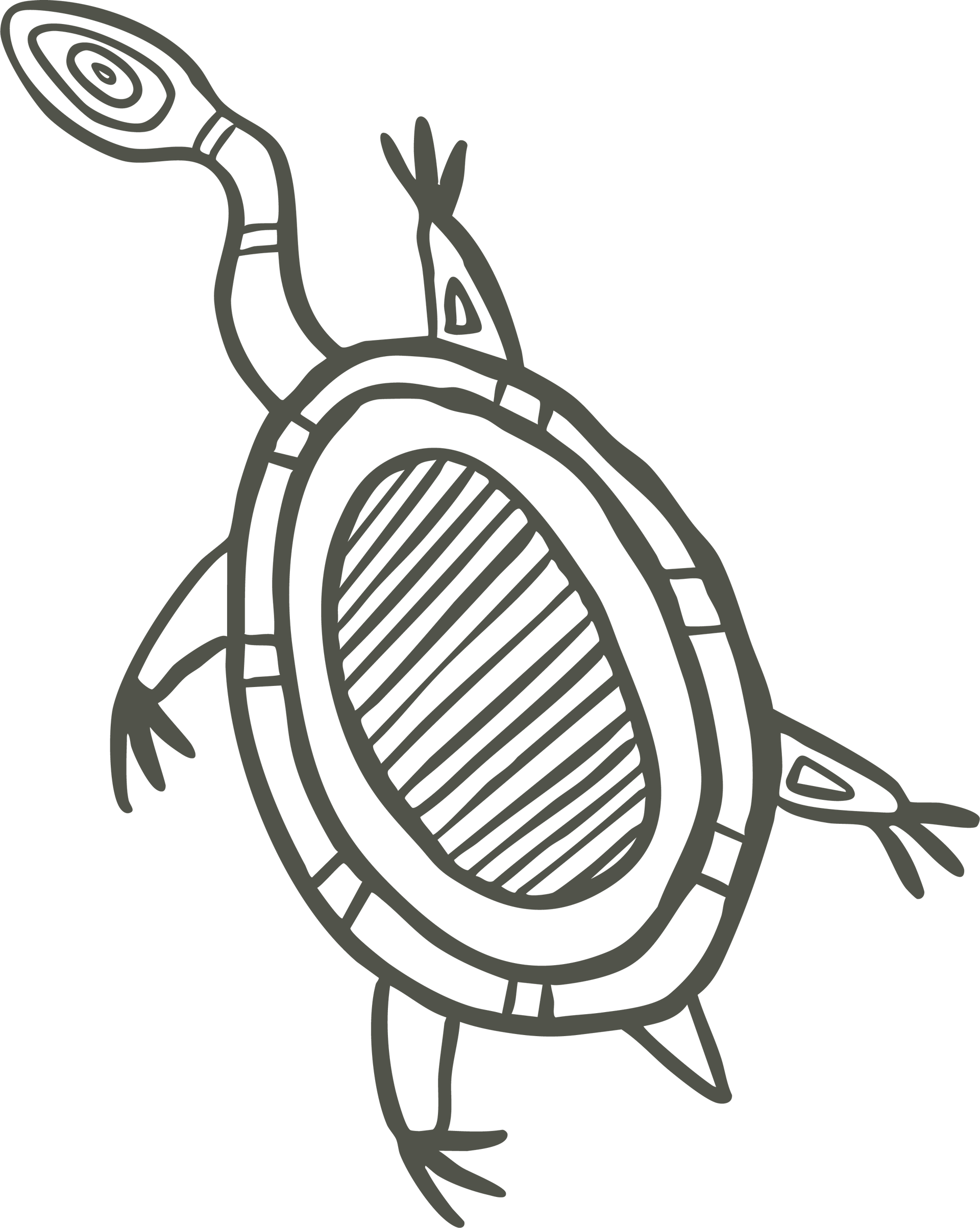 Stylized turtle drawing, dark outline. Body is oval with diagonal lines, head is a small circle with concentric rings.