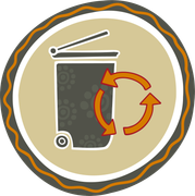 Recycling bin icon with three orange circular arrows, on tan background.