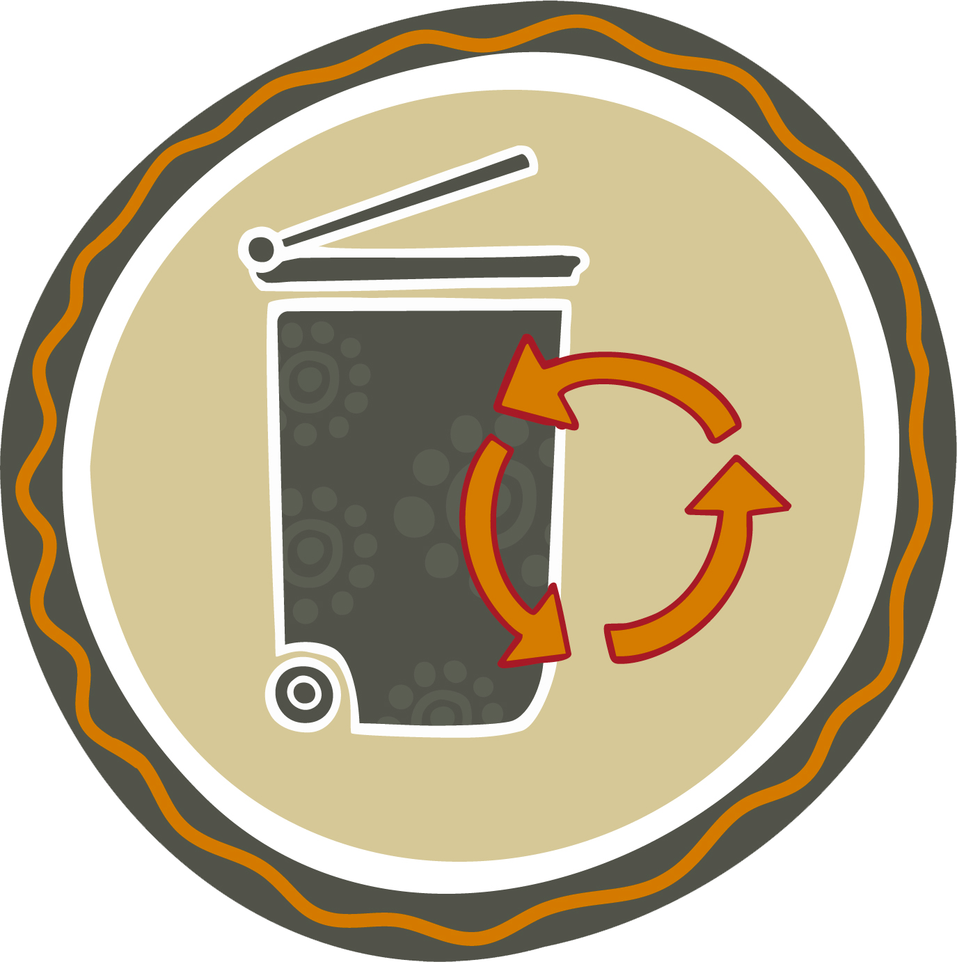 Recycling bin icon with three orange circular arrows, on tan background.