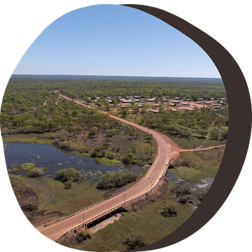 Aerial view of a bridge over wetlands, road leading to a small settlement, surrounded by green trees.