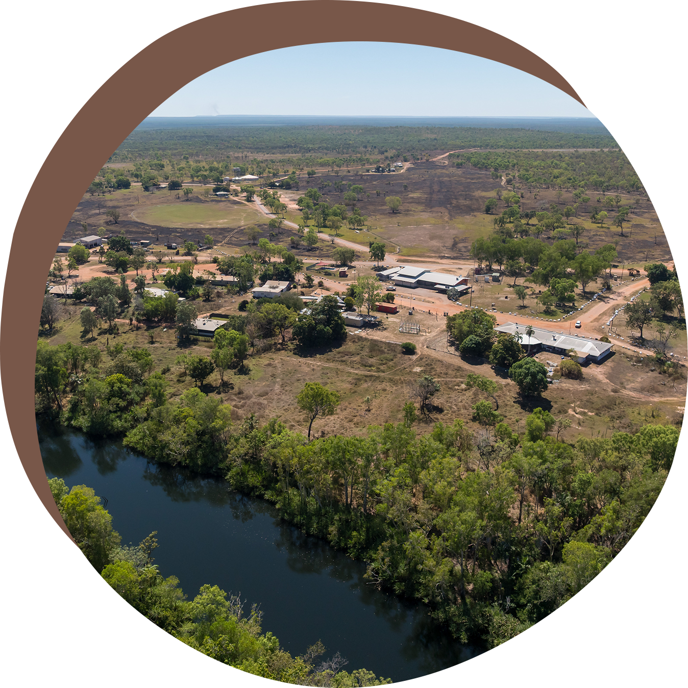 Aerial view of a settlement near a river, surrounded by dry vegetation and a vast landscape under a blue sky.