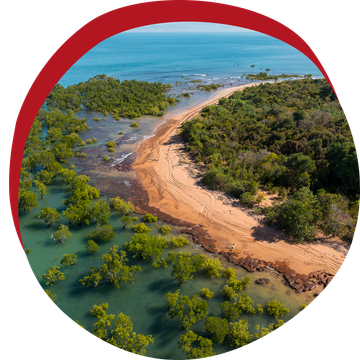 Aerial view of a sandy beach flanked by turquoise water and lush green vegetation; red circle overlay.