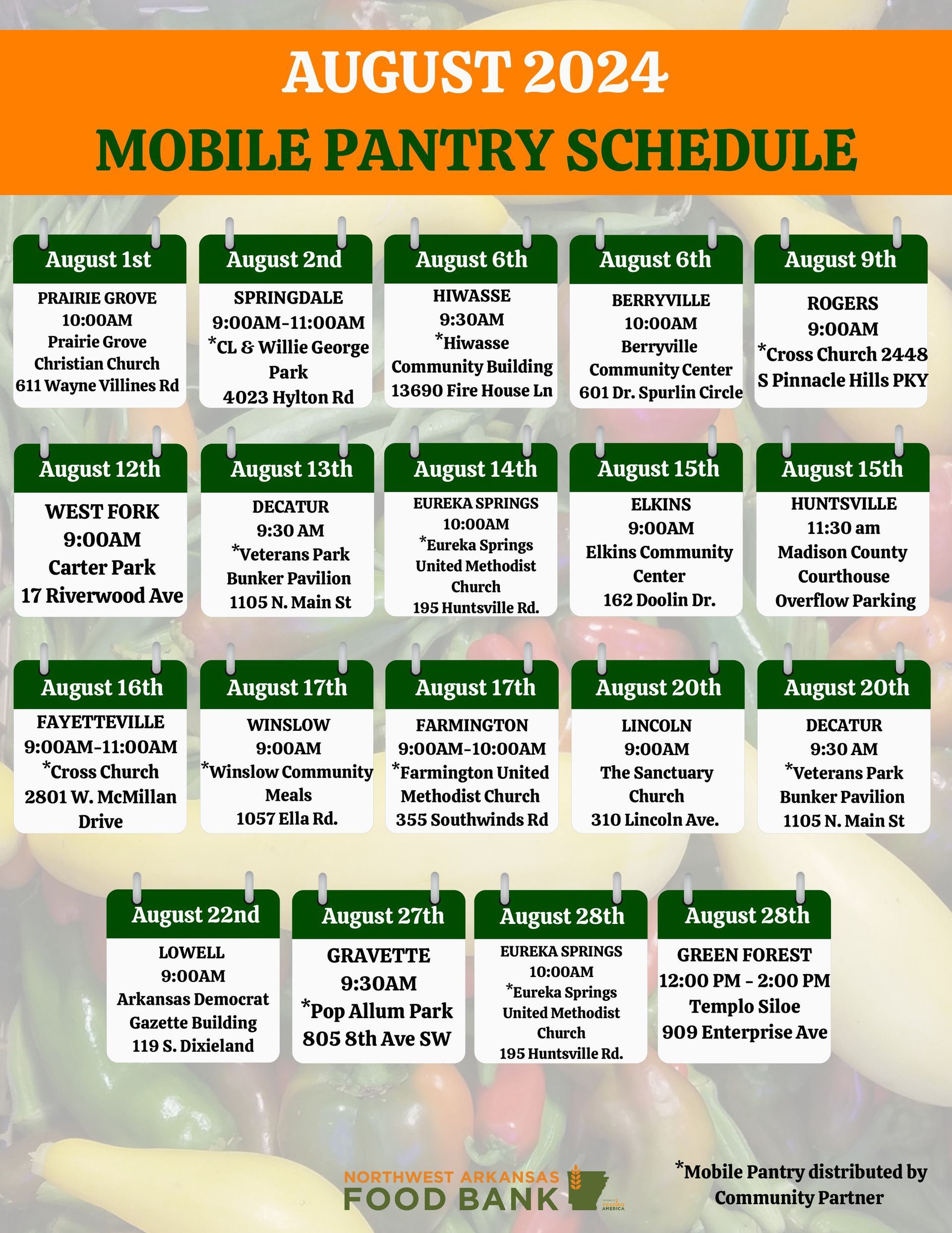 A poster for a mobile pantry schedule for july 2024