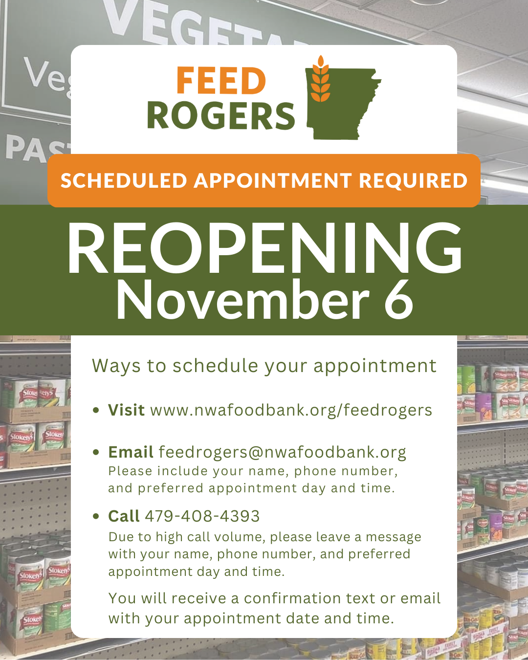 A flyer for feed rogers reopening on november 6