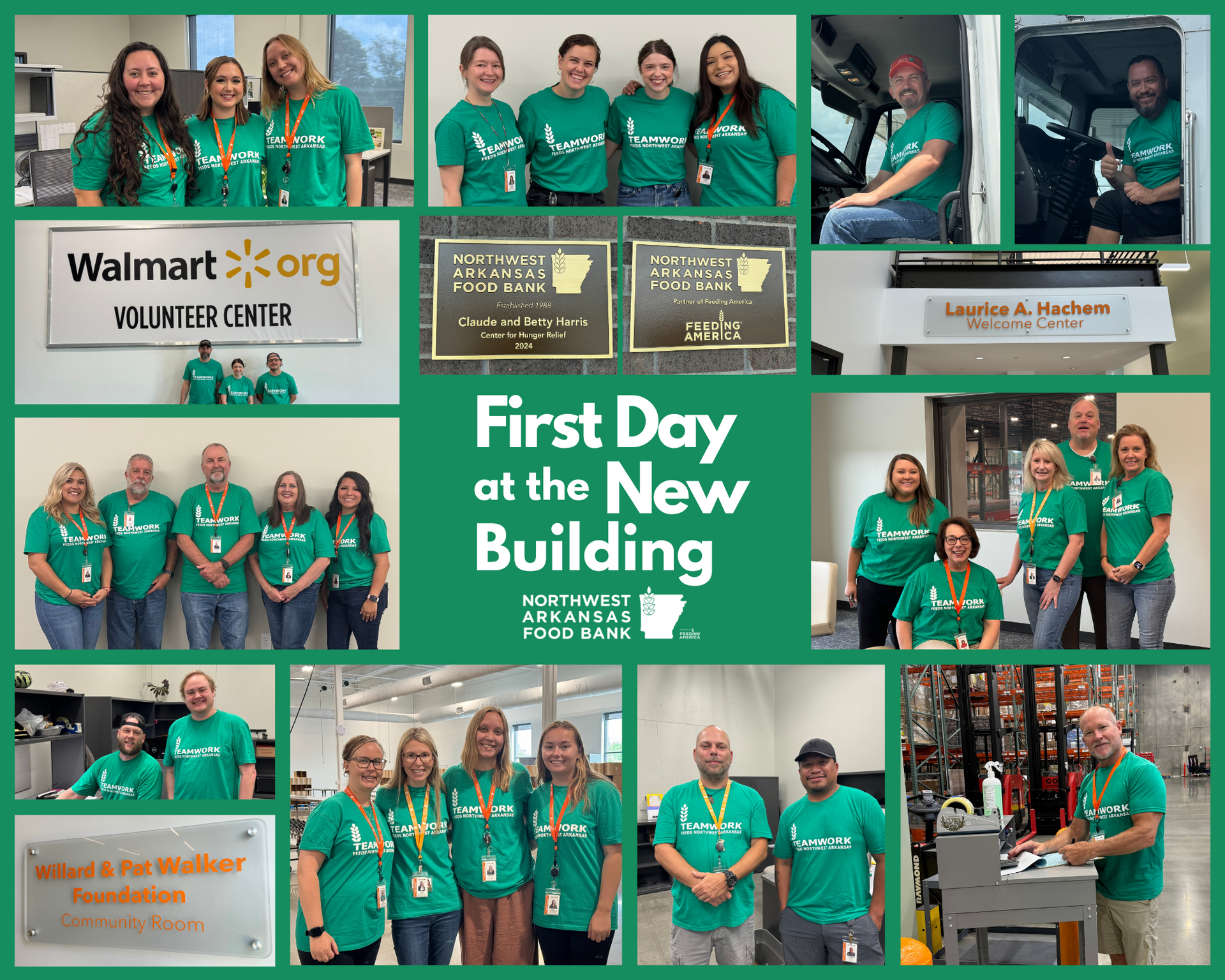 A collage of pictures of people wearing green shirts with the words first day at the new building