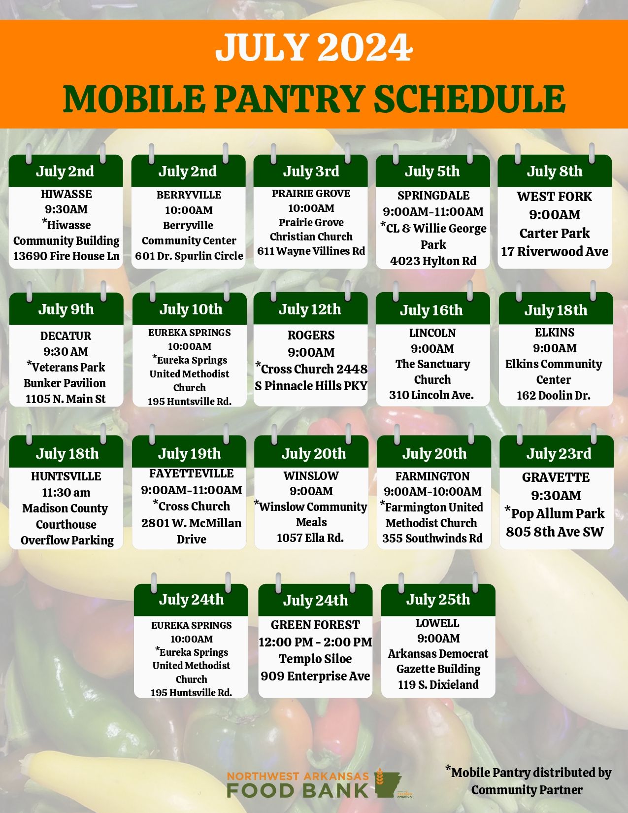 A poster for a mobile pantry schedule for july 2024