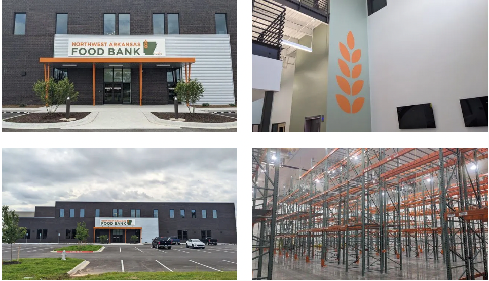 A collage of four pictures of a food bank building