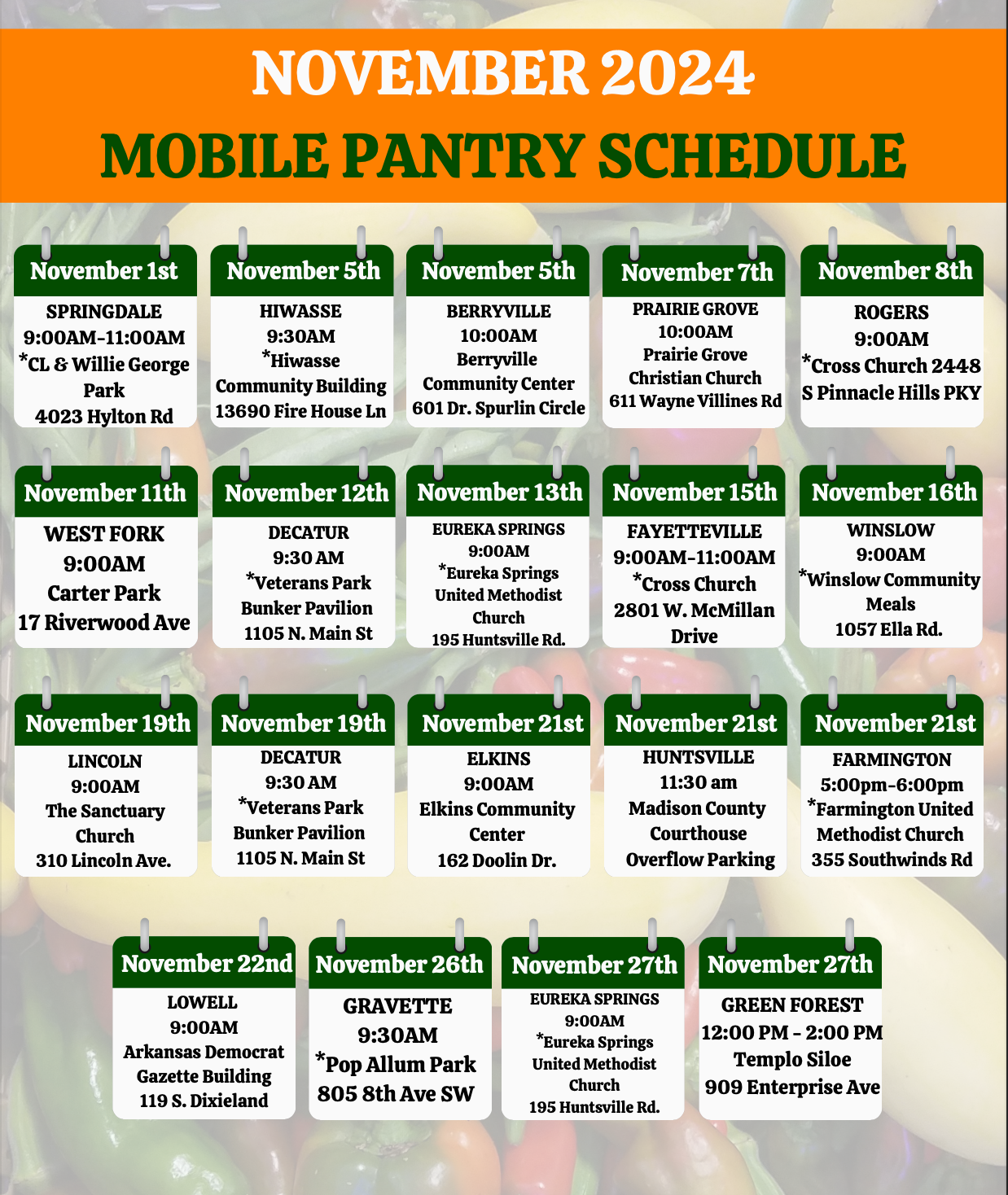 A november 2024 mobile pantry schedule is shown