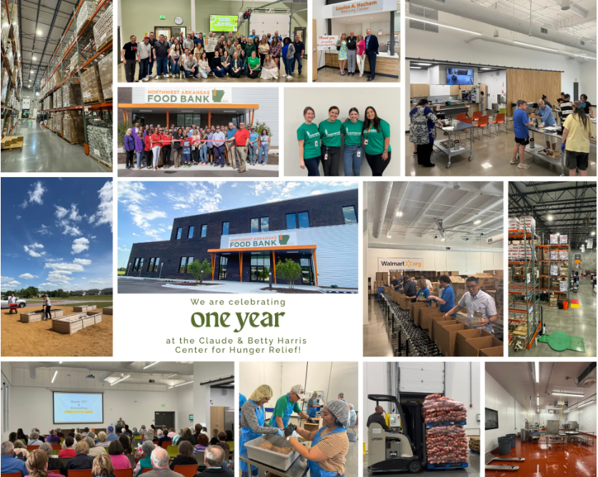 A collage of pictures of people wearing green shirts with the words first day at the new building