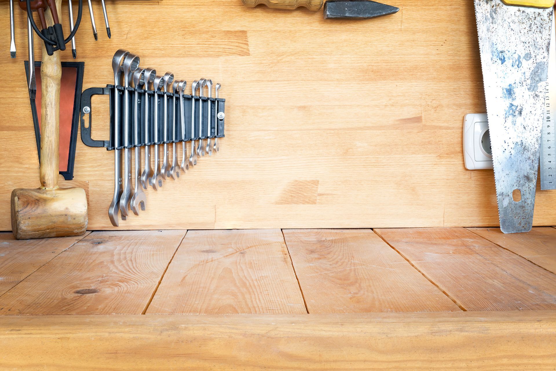 Wooden workbench with tools