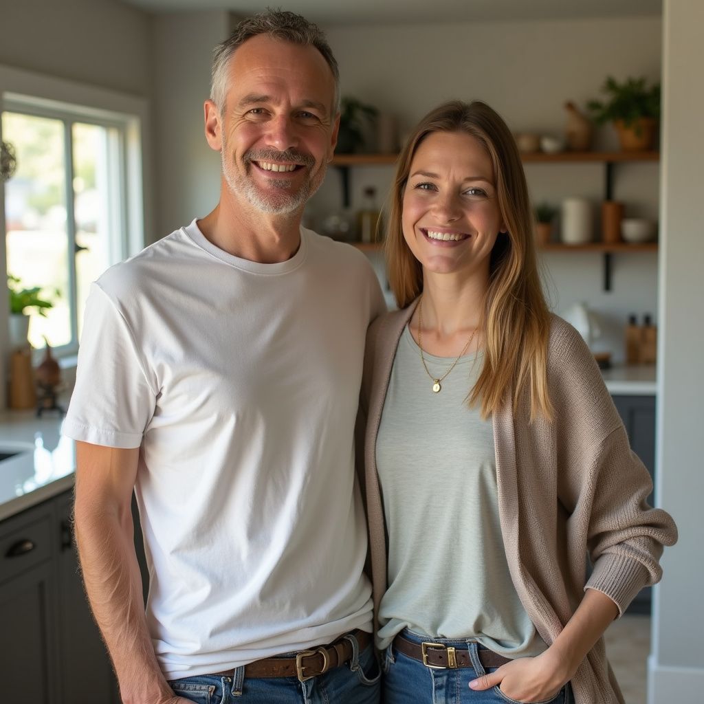 Man and woman smiling in a kitchen, man in white tee, woman in cardigan.